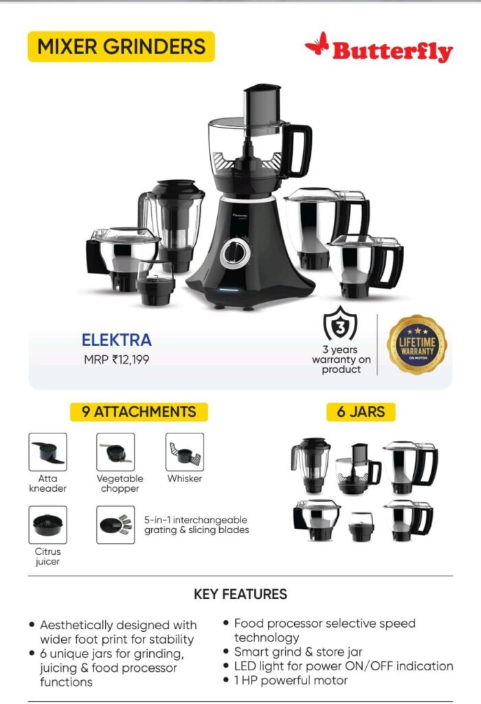 Butterfly Elektra 750 Watts Food Processor with 6 Jars & 9 Attachments | FPSS Technology (Food Processor Selective Speed) LED Indicator | Smart Grind & Store Jar | 7 Years Warranty for Motor | Black